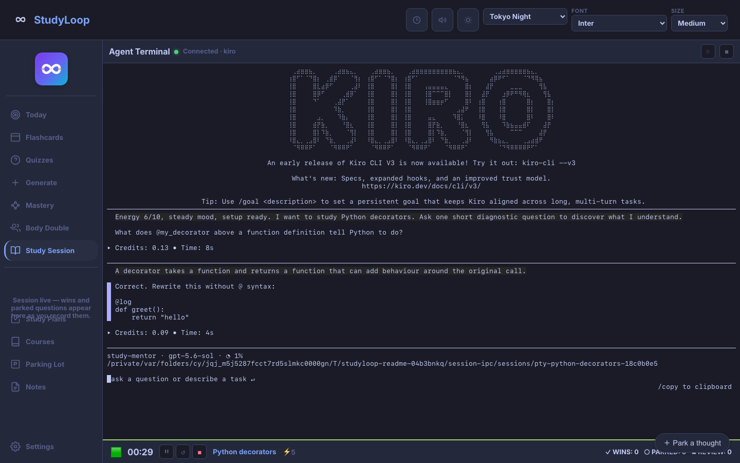 StudyLoop Study Session using Kiro